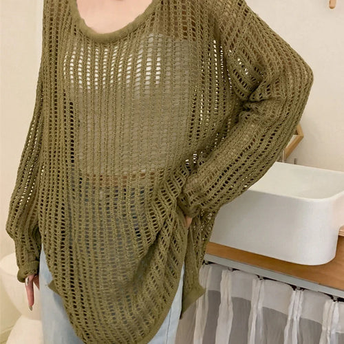 Load image into Gallery viewer, Green Hollow Out Big Size Knitting Sweater Round Neck Long Sleeve Women Pullovers New Fashion Spring Autumn 2025 1DJ1621
