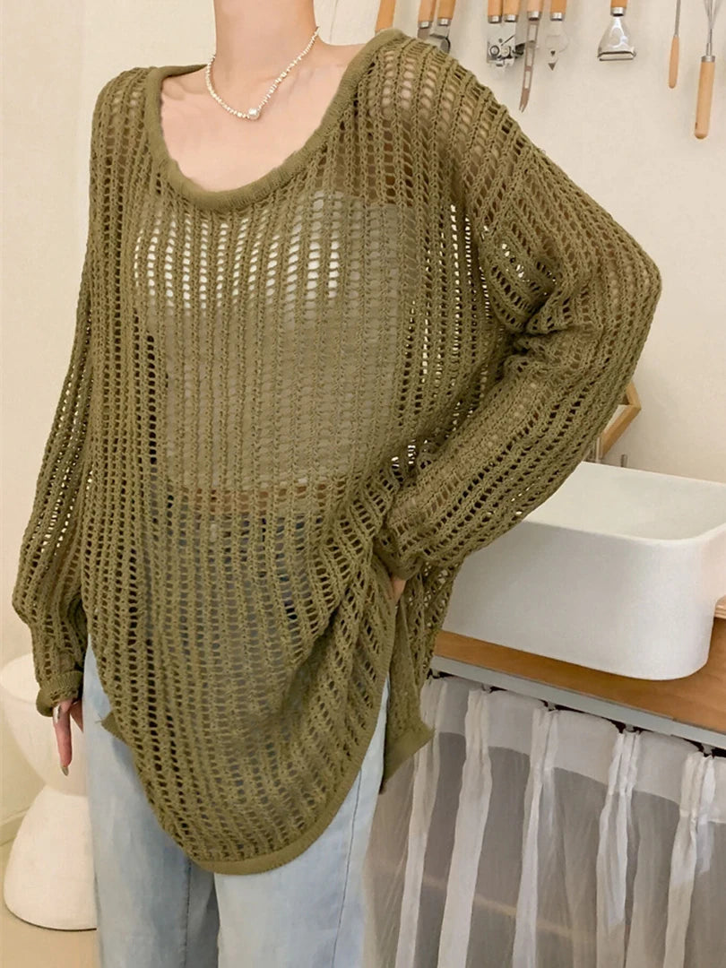 Green Hollow Out Big Size Knitting Sweater Round Neck Long Sleeve Women Pullovers New Fashion Spring Autumn 2025 1DJ1621