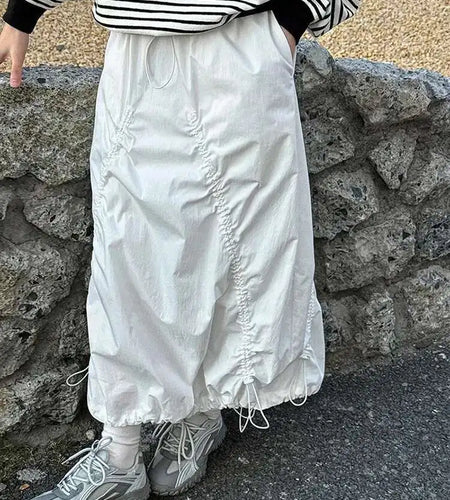 High Elastic Waist White Drawstring Irregular Casual Half-body Skirt Women Fashion Tide New Spring Autumn 2025 1DH9428