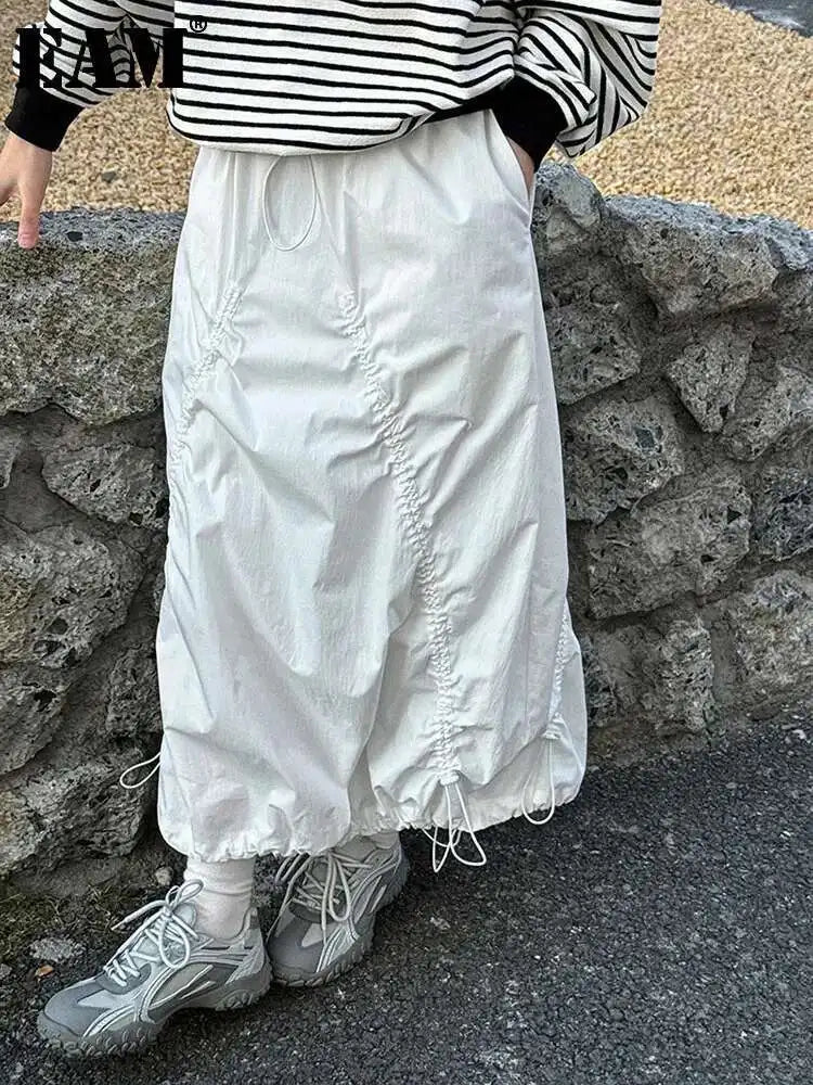 High Elastic Waist White Drawstring Irregular Casual Half-body Skirt Women Fashion Tide New Spring Autumn 2025 1DH9428