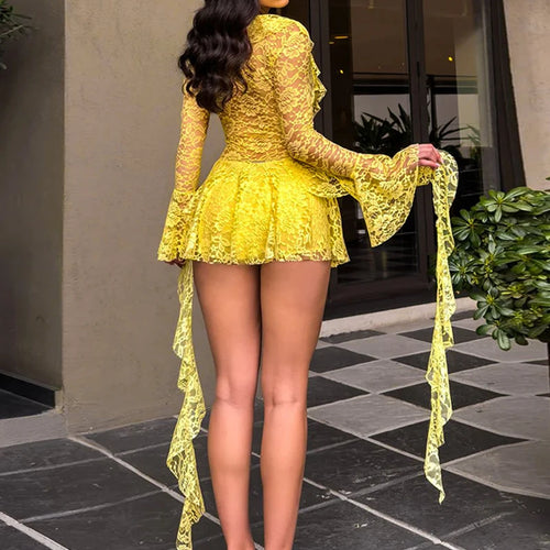 Load image into Gallery viewer, Lace Ruffled Sexy Mini Dress For Women Robe Deep V Neck Flare Long Sleeve Draped A-line Club Party Dress Vestido
