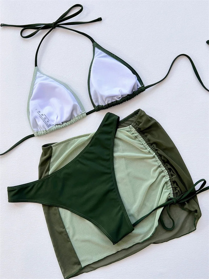 Sexy Halter Three Piece Swimsuit with Skirt High Waist Patchwork Swimwear Women Biquini Drawstring Beachwear