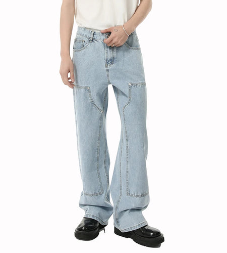 Men's Denim Pants New Summer Korean Line Design Straight Leg Style Washed Loose Spliced Male Trousers Fashion 9W1689