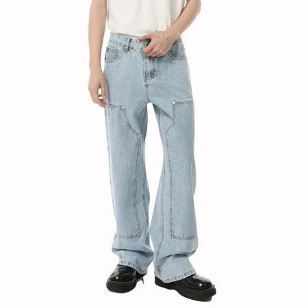 Men's Denim Pants New Summer Korean Line Design Straight Leg Style Washed Loose Spliced Male Trousers Fashion 9W1689