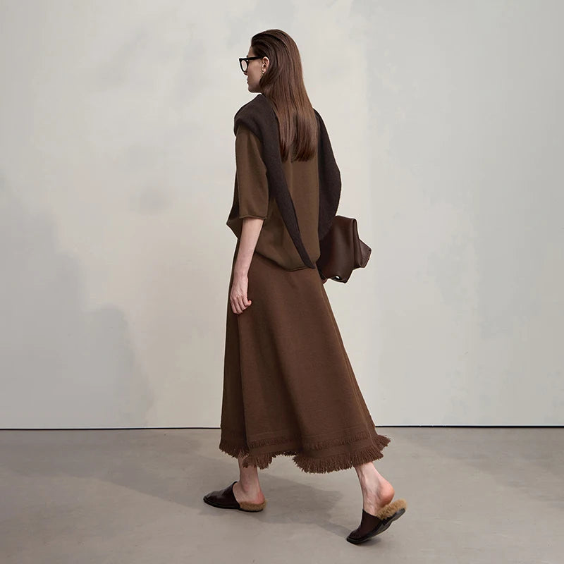 Women's Skirt 2025 Winter Minimalist Solid Color Tassel A-Line Long Skirts For Women Loose Knitted Clothing Female 12544018