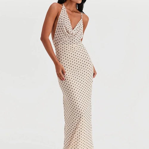 Load image into Gallery viewer, Spaghetti Strap Polka Dot Dress For Women Gown Fashion Irregular V Neck Sleeveless Backless Bodycon Club Long Dress
