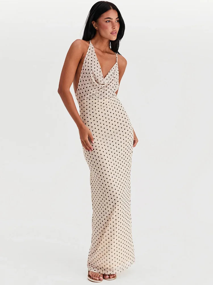 Spaghetti Strap Polka Dot Dress For Women Gown Fashion Irregular V Neck Sleeveless Backless Bodycon Club Long Dress