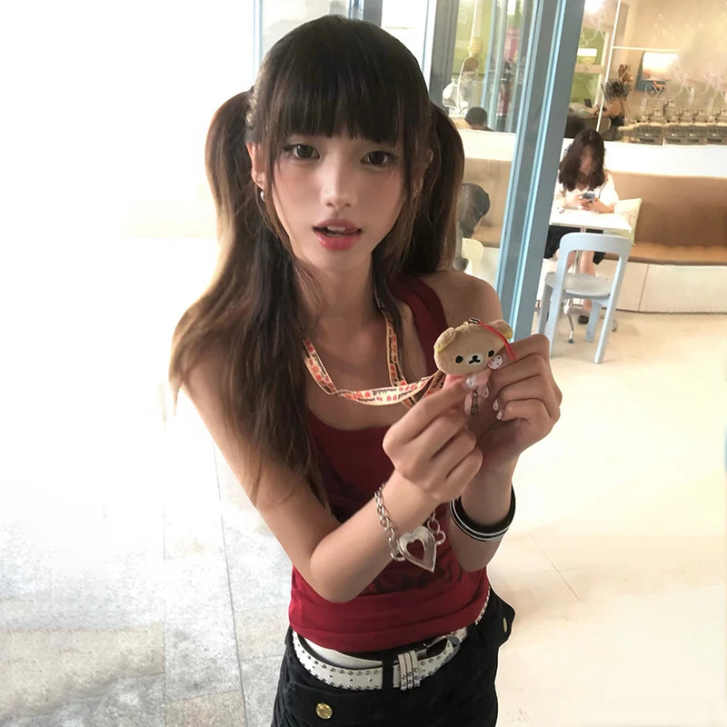 Japanese Y2k Letter Print Tank Top Trashy 2000s Style Red Tanktop Vintage Harajuku Sleeveless Crop Top American Retro