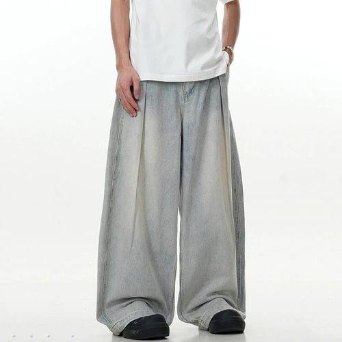 Load image into Gallery viewer, Simple Men&#39;s Denim Pants Droop Pleated Droop Washing High Street Casual Solid Color Straight Wide Leg Male Trousers 9C8878
