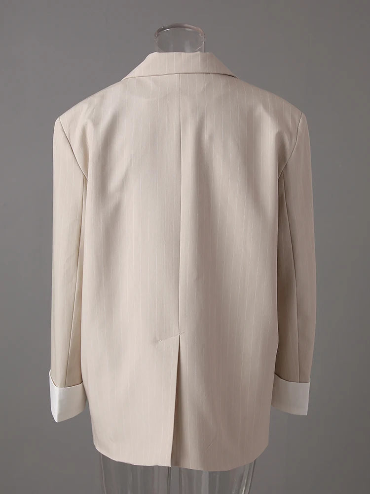 Women Apricot Striped Color-block Big Size Blazer New Lapel Long Sleeve Jacket Fashion Tide Spring Autumn 2025 30A2753