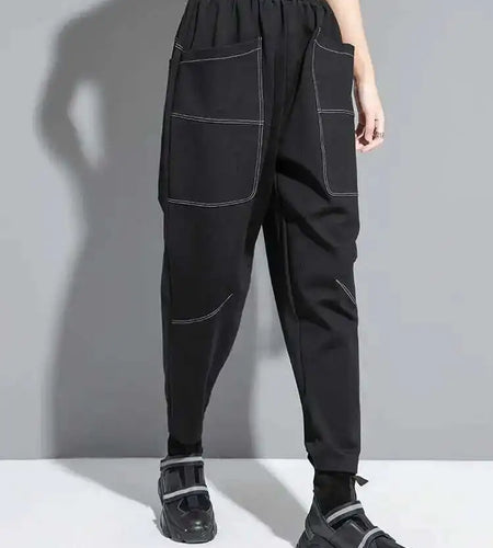 High Elastic Waist Black Pocket Topstitched Long Harem Pants New Trousers Women Fashion Tide Spring Autumn 2025 1DH7067