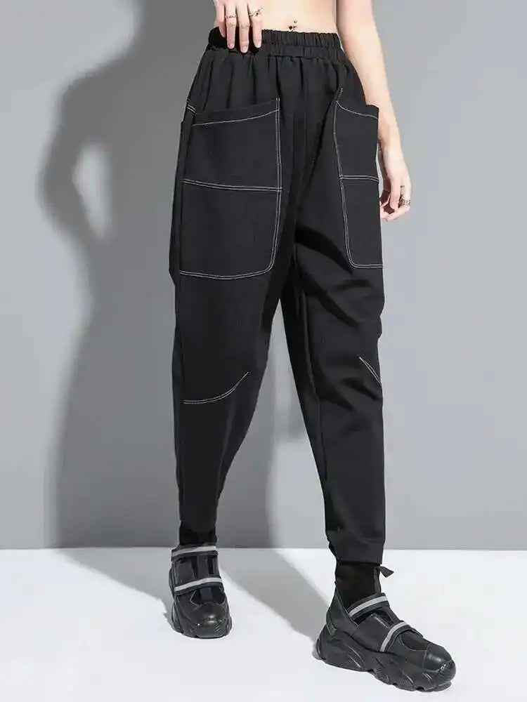 High Elastic Waist Black Pocket Topstitched Long Harem Pants New Trousers Women Fashion Tide Spring Autumn 2025 1DH7067