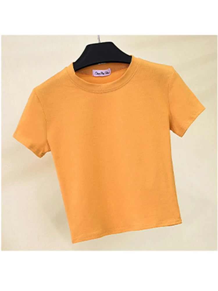 Green Crop Top T-Shirt Female Solid Cotton O-Neck Short Sleeve T-shirts for Women High Waist Slim Short Sport Femme T-Shirt