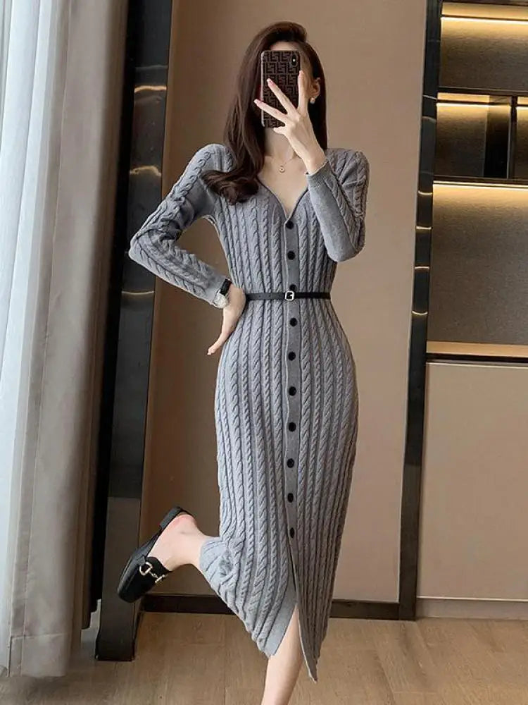 Autumn Winter Brown Single Breasted Knitted Sweater Dresses Women's Grey Elegant Office Ladies V-neck Split Dress Casual Fashion