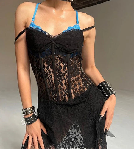 Sexy Camisole Lace Fishbone Bandage Dress Women's Perspective Slim Fit Split Dress Female Party Club Nightclub Vestidos