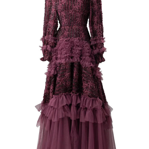 Load image into Gallery viewer, Spliced Fungus Folds Elegant Dresses for Women Round Neck Long Sleeves High Waist Patchwork Mesh Dress Female New
