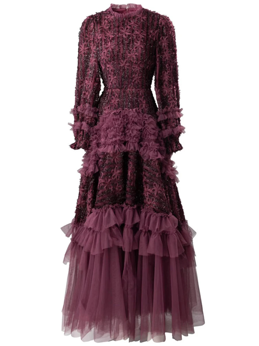 Spliced Fungus Folds Elegant Dresses for Women Round Neck Long Sleeves High Waist Patchwork Mesh Dress Female New