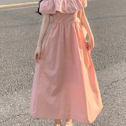 Load image into Gallery viewer, Elegant Ruffles Slash Neck Fashion Women&#39;s Dresses Slim Waist Solid Color Female Maxi Dress Summer Simple Office Ladies
