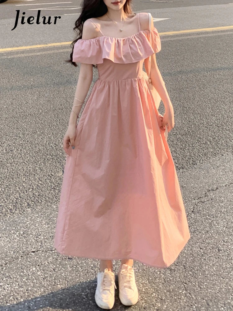 Elegant Ruffles Slash Neck Fashion Women's Dresses Slim Waist Solid Color Female Maxi Dress Summer Simple Office Ladies