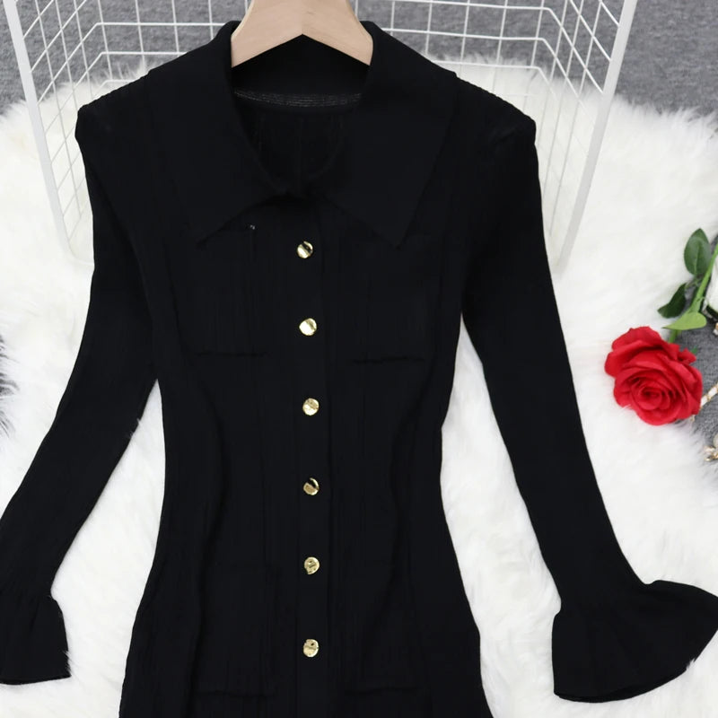 Autumn New 2024 French Black Elegant Single Breasted Long Sleeve Knit Dresses For Women Beige Slim Fashion Ruffles Pleated Dress