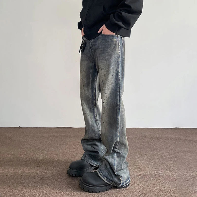 Men's Jeans New American Style High Street Washed Splashed Ink Denim Pants Male Straight Leg Slim Flared Trousers 9W1480