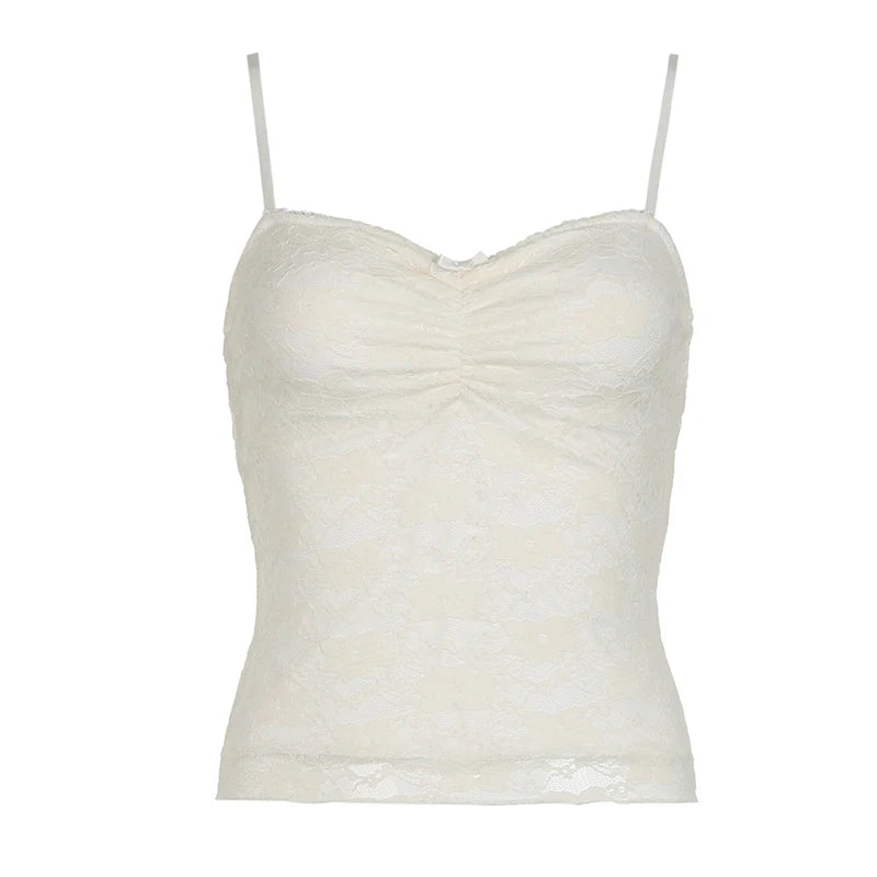 Fashion Chic White Strap Lace Top Women Short Y2K Aesthetic Bow Fold Basic Party Sexy Tops Sleeveless Camisole Kawaii
