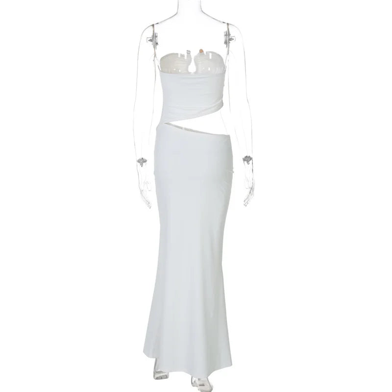 Strapless Hollow Out Sexy Maxi Dress Women Gown Summer New Off-shoulder Backless Sleeveless Beach Club Long Dress