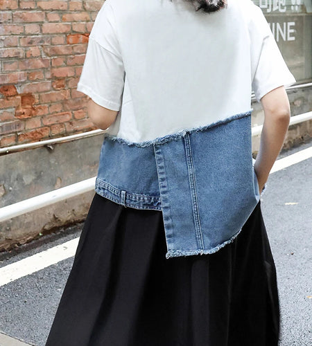 Women White Denim Irregular Big Size Casual T-shirt New Round Neck Short Sleeve Fashion Tide Spring Summer 2025 1DJ0557