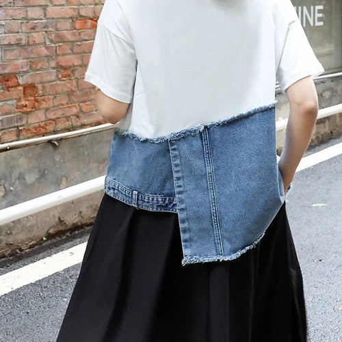 Load image into Gallery viewer, Women White Denim Irregular Big Size Casual T-shirt New Round Neck Short Sleeve Fashion Tide Spring Summer 2025 1DJ0557
