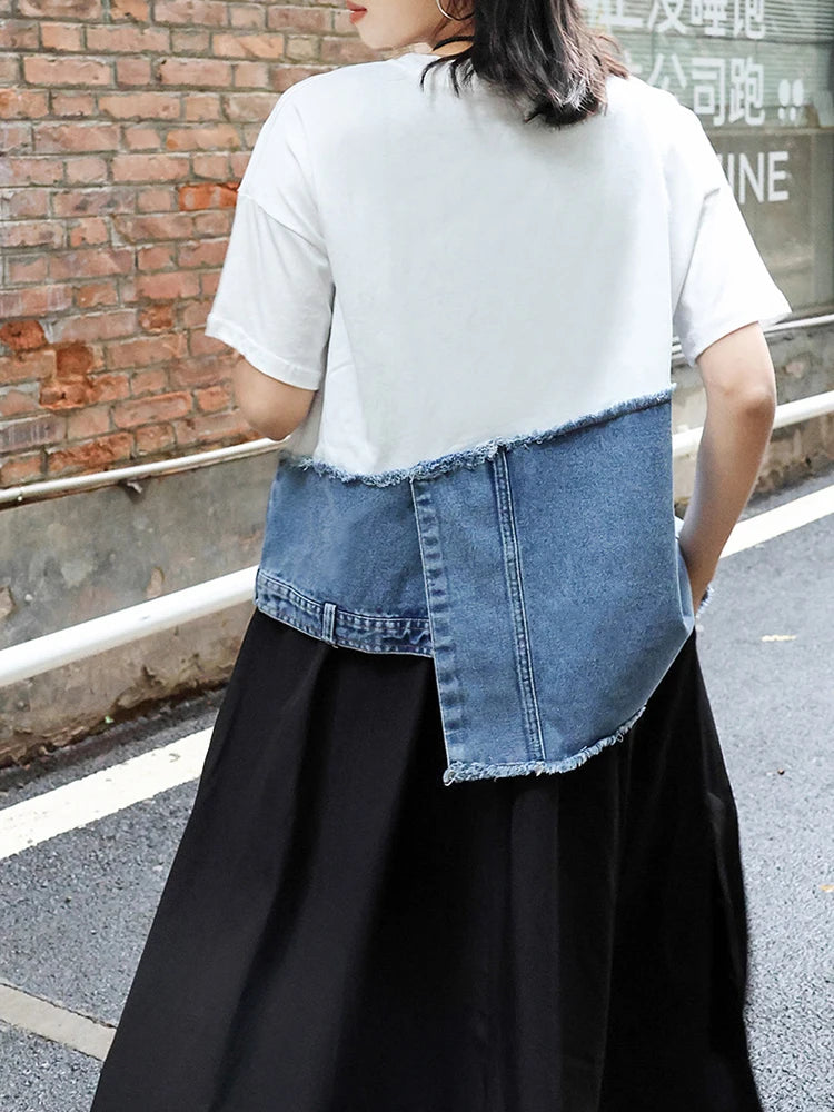 Women White Denim Irregular Big Size Casual T-shirt New Round Neck Short Sleeve Fashion Tide Spring Summer 2025 1DJ0557