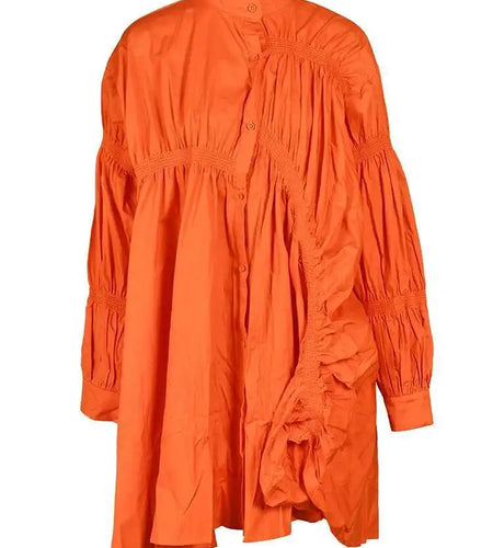 Women Orange Irregular Pleated Big Size Dress New Stand Collar Long Sleeve  Fashion Tide Spring Autumn 2025  1DF4807115