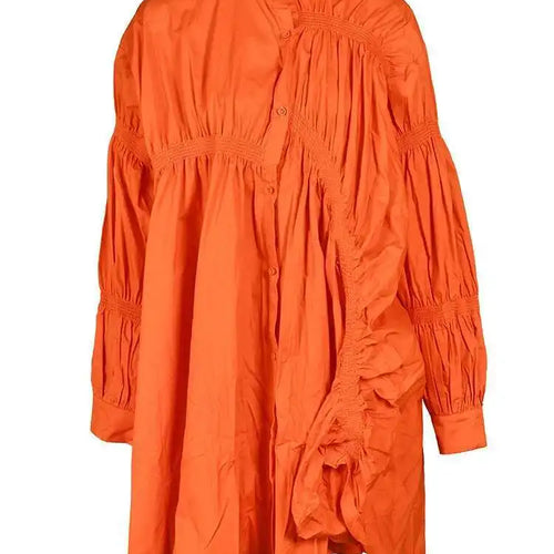 Load image into Gallery viewer, Women Orange Irregular Pleated Big Size Dress New Stand Collar Long Sleeve  Fashion Tide Spring Autumn 2025  1DF4807115

