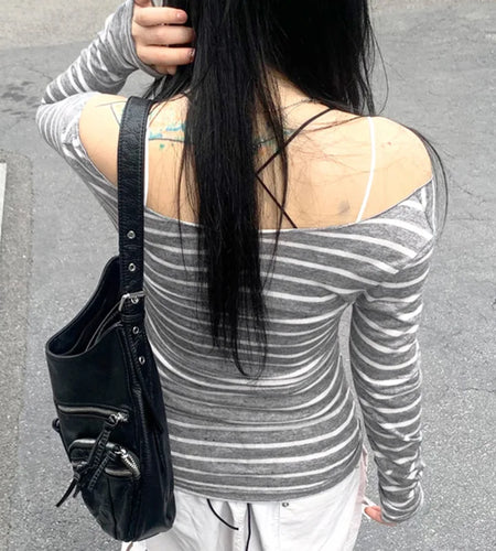 y2k Tops Women Grunge Clothes Striped Off Shoulder Long Sleeve Knitted T Shirt 2000s Punk Gothic Clothing Streetwear