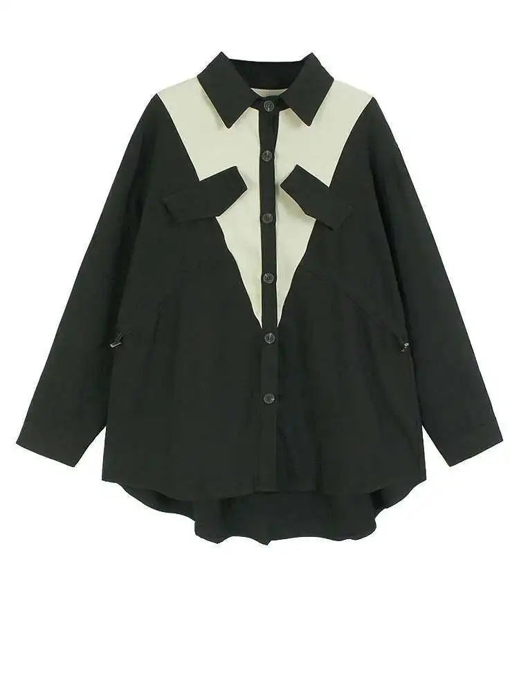 Women Green Color-block Pocket Big Size Casual Blouse New Lapel Long Sleeve Shirt Fashion Tide Spring Autumn 2025 1DH4567