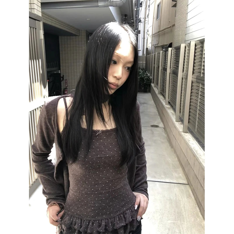 Japanese Y2k Knitted Tops Two Piece Set Vintage Harajuku Button Knit T-shirt Sets Korean 2000s Style Knitwear American