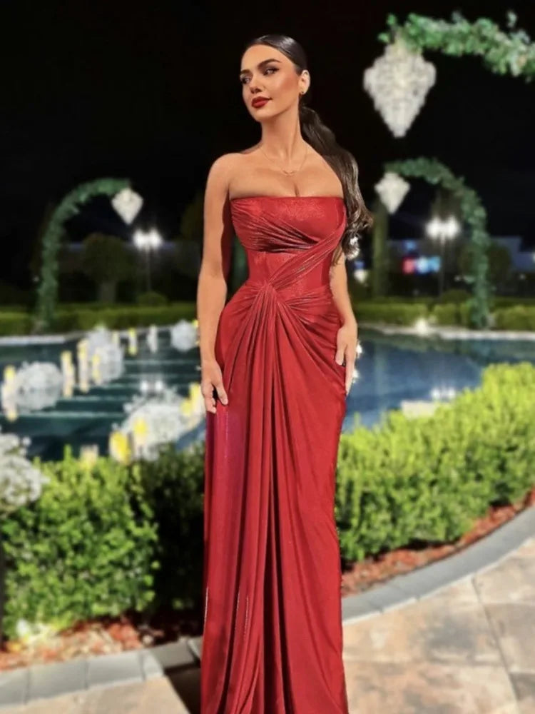 Off-shoulder Strapless Sexy Maxi Dress For Women Fashion Red Sleeveless Backless Thigh High Split Bodycon Club Dress