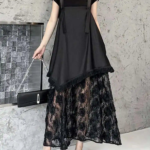 Load image into Gallery viewer, Women Black Hem Lace Denim Elegant Big Size Strap Dress New Square Collar Sleeveless Fashion Spring Autumn 2025 1DH6630
