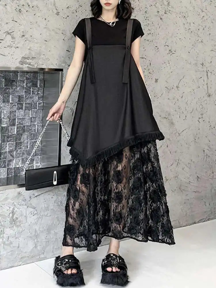 Women Black Hem Lace Denim Elegant Big Size Strap Dress New Square Collar Sleeveless Fashion Spring Autumn 2025 1DH6630