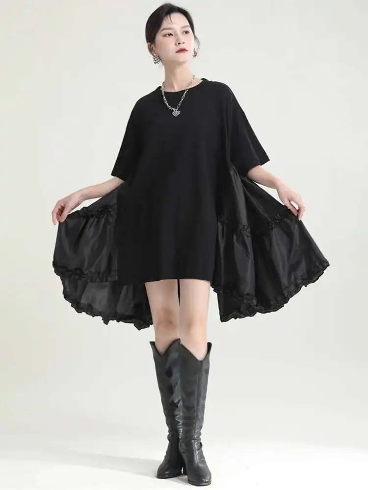 Women Black Ruffles Irregular Big Size Mini Dress New Round Neck Short Sleeve Fashion Tide Spring Summer 2025 1DH9574