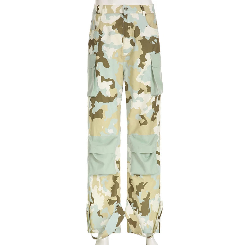 Streetwear Camouflage Cargo Pants Women Big Pockets Straight Baggy Sweatpants Harajuku Retro Trousers Contrast Color