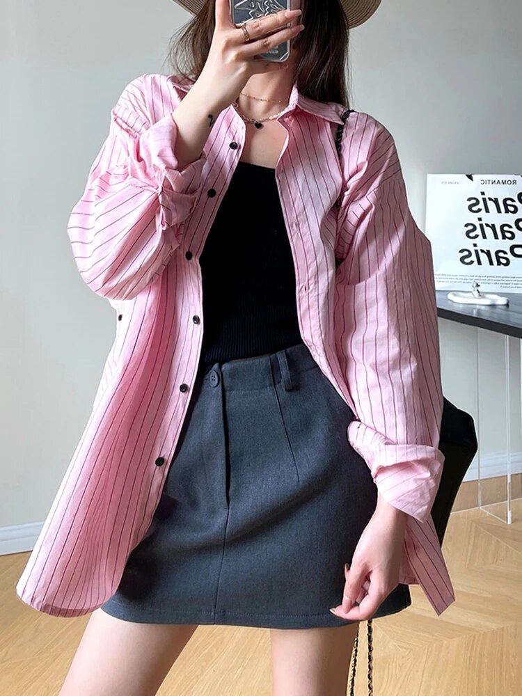 Casual Striped Shirts For Women Lapel Long Sleeve Patchwork Single Breasted Loose Blouse Female Fashion Clothing