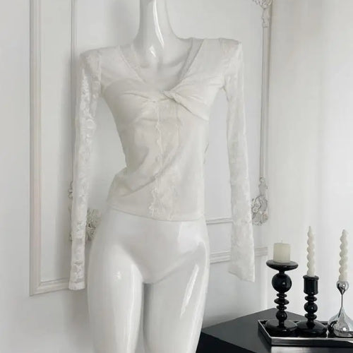 Load image into Gallery viewer, New 2024 Women's Autumn White Lace V-neck Holiday Short T Shirt Black Elegant Long Sleeve Pleated Bottom Tops Fashion Versatile
