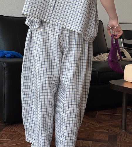 High Elastic Waist Blue Plaid Brief Casual Wide Leg Pants New Trousers Women Fashion Tide Spring Autumn 2025 1DJ0747