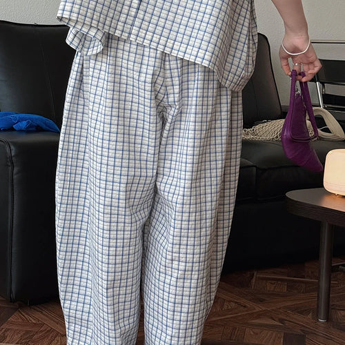 Load image into Gallery viewer, High Elastic Waist Blue Plaid Brief Casual Wide Leg Pants New Trousers Women Fashion Tide Spring Autumn 2025 1DJ0747
