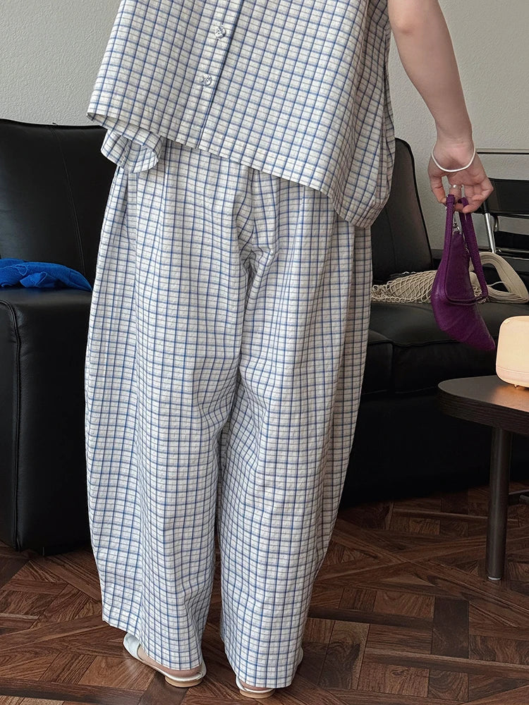 High Elastic Waist Blue Plaid Brief Casual Wide Leg Pants New Trousers Women Fashion Tide Spring Autumn 2025 1DJ0747