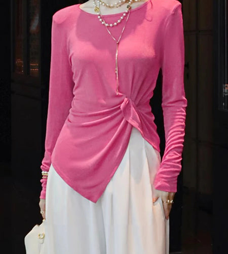 Solid Spliced Folds Slimming T Shirts For Women O Neck Long Sleeve High Waist Temperament T Shirt Female Fashion