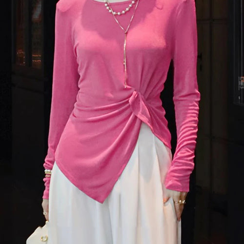 Load image into Gallery viewer, Solid Spliced Folds Slimming T Shirts For Women O Neck Long Sleeve High Waist Temperament T Shirt Female Fashion
