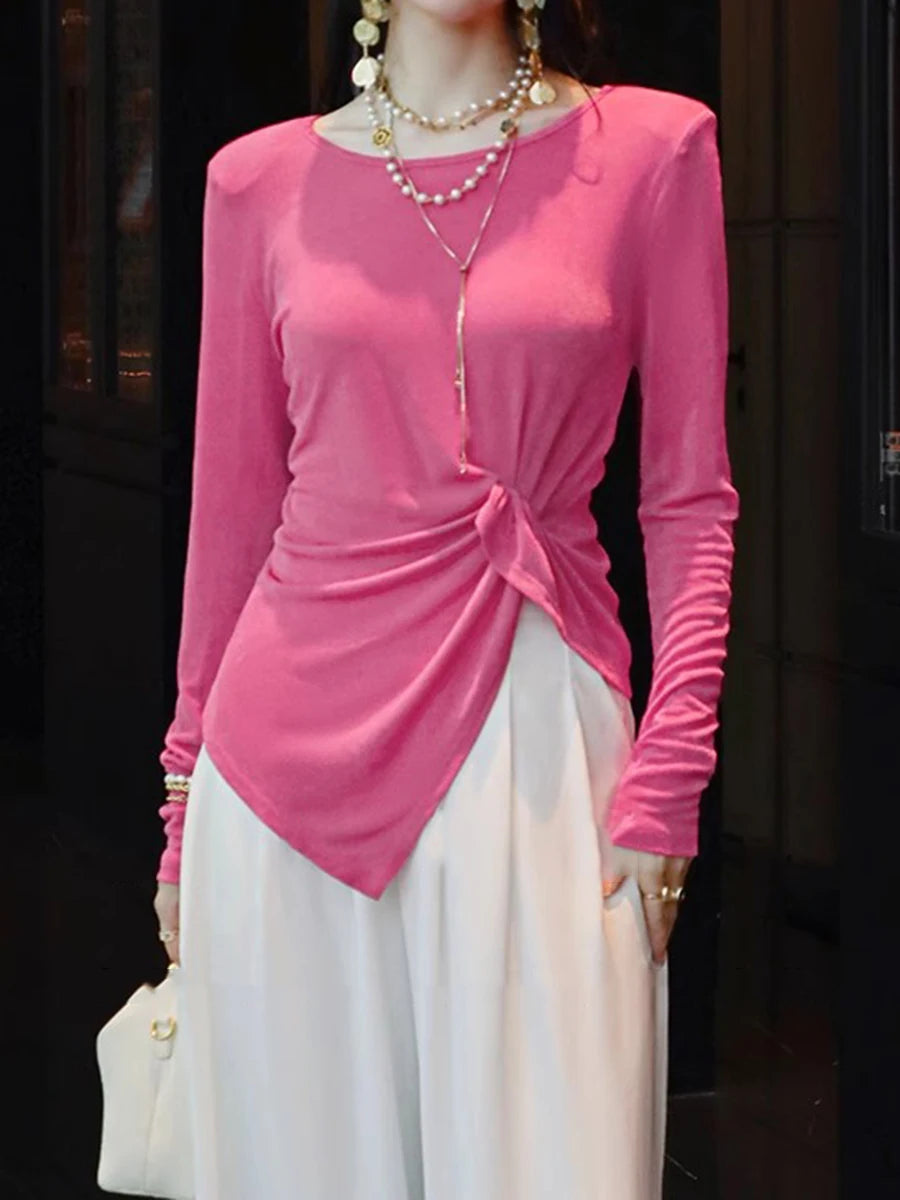 Solid Spliced Folds Slimming T Shirts For Women O Neck Long Sleeve High Waist Temperament T Shirt Female Fashion