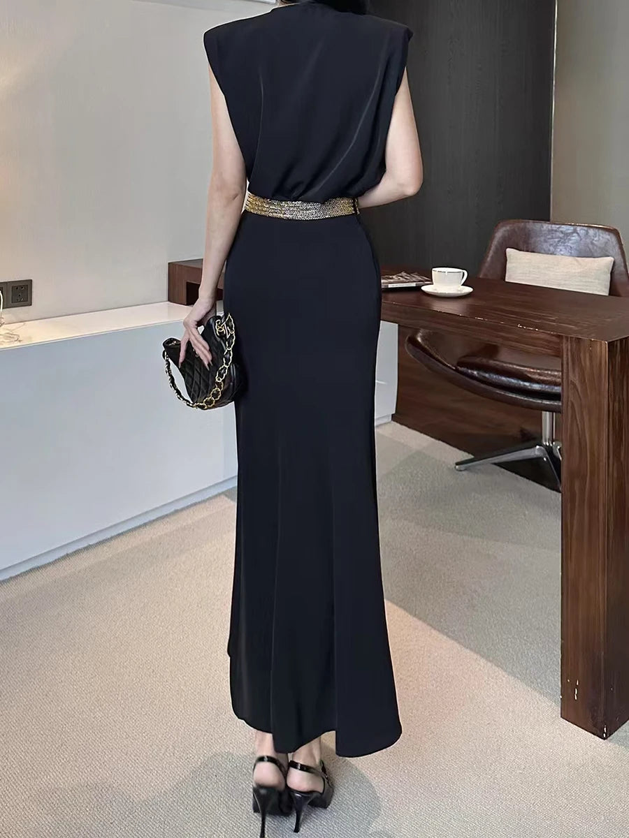 Solid Temperament Two Piece Set For Women V Neck Sleeveless Top High Waist Slimming Skirt Elegant Sets Female New