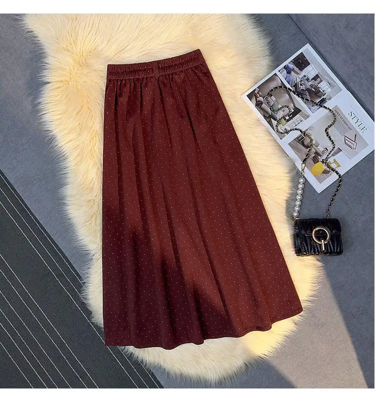 French Vintage Women Polka Dot Elegant High Waist Party Long Skirts 2024 Autumn Winter Woolen A-line Pleated Half Skirt Fashion
